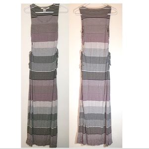Lavender Gray White Black Striped Cinch Maxi Dress